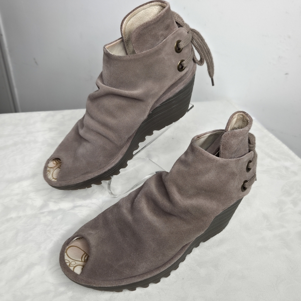 Fly London Womens Yema Peep Toe Wedges Size 38 Lace Up Shoes Taupe Boho